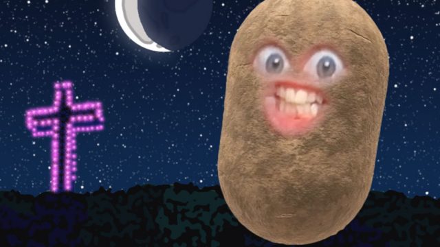 A potatoe with eyes and lips against a nighttime view of the Montreal mountain with purple cross in the background and the moon in the sky