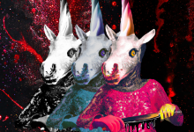 3 unicorn-people each hold a dripping knife in front of themselves. They are each dressed in sequins against a black and red glitter background.