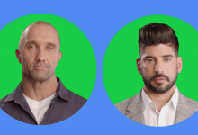 2 white men, 1 bald, the other with thick brown hair and a goatee, in close-up framed in circles with green backgrounds on top of a blue background.