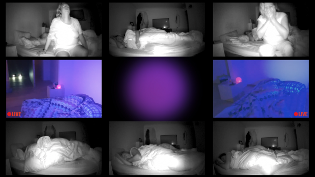 a grid of surveillance images of Dayna McLeod sleeping with a purple glowing circle in the middle of the array