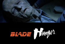 A split-screen image with a close-up of David Bowie's old character in The Hunger on top, and 'Blade Hunger' written in the fonts from the films The Hunger and Blade Runner' underneath.