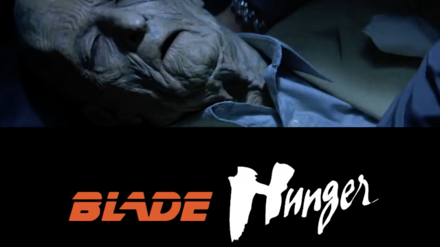 A split-screen image with a close-up of David Bowie's old character in The Hunger on top, and 'Blade Hunger' written in the fonts from the films The Hunger and Blade Runner' underneath.