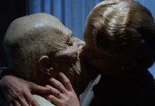 Catherine Deneuve kisses an extremely old and unrecognizable David Bowie in The Hunger.